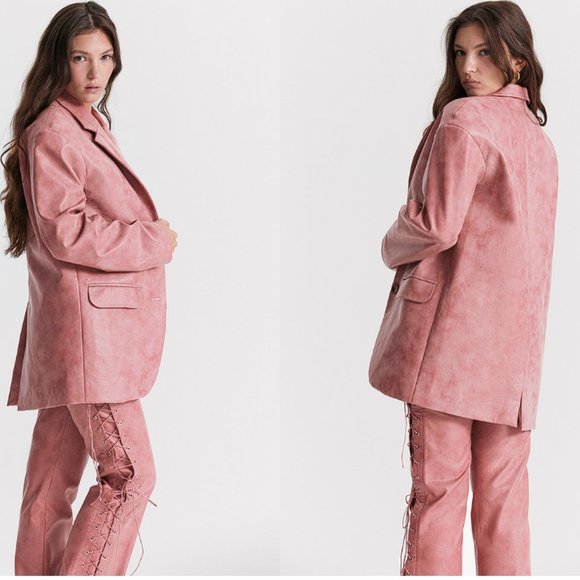 HOUSE OF CB 'Kiera' Warm Pink Vegan Leather Oversized Blazer NWOT - Picture 5 of 9